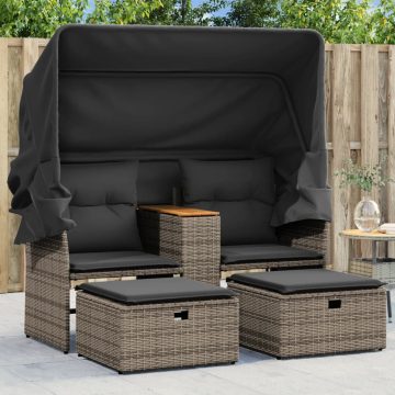   2 személyes szürke polyrattan kerti kanapé baldachinnal/székkel