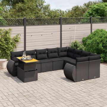   10 részes fekete polyrattan kerti ülőgarnitúra párnákkal
