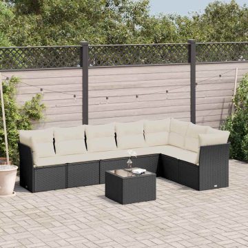   8 részes fekete polyrattan kerti ülőgarnitúra párnákkal