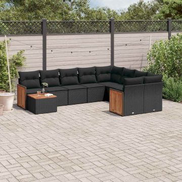   10 részes fekete polyrattan kerti ülőgarnitúra párnákkal