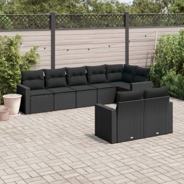   8 részes fekete polyrattan kerti ülőgarnitúra párnákkal