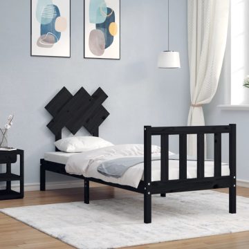 Fekete tömör fa ágykeret fejtámlával Small Single