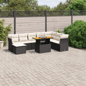   9 részes fekete polyrattan kerti ülőgarnitúra párnákkal