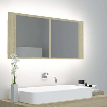   Tölgyszínű akril LED-es tükrös fürdőszobaszekrény 100x12x45 cm