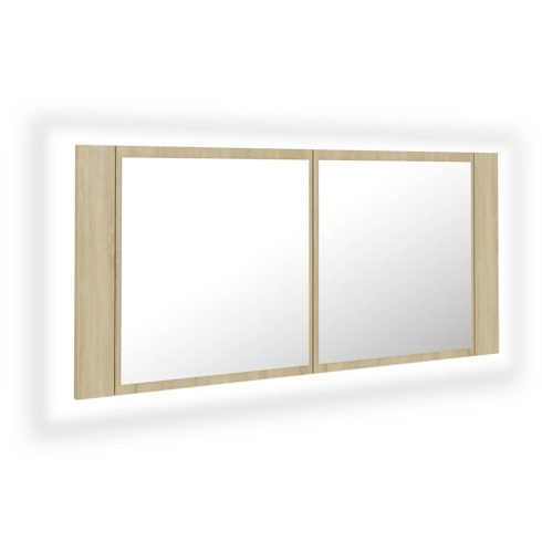 Tölgyszínű akril LED-es tükrös fürdőszobaszekrény 100x12x45 cm
