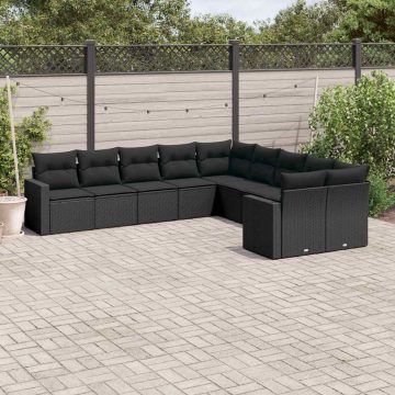   10 részes fekete polyrattan kerti ülőgarnitúra párnákkal