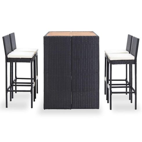 5 részes fekete kültéri polyrattan és akácfa bárgarnitúra