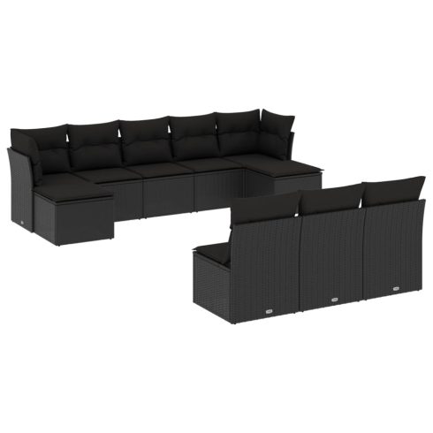 10 részes fekete polyrattan kerti ülőgarnitúra párnákkal