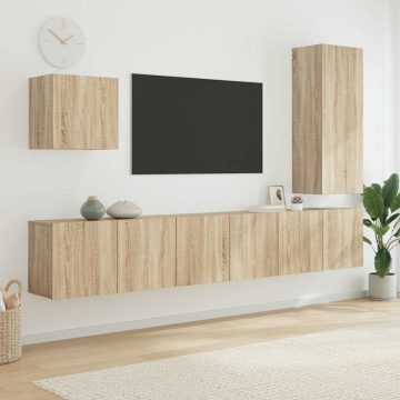   5 darab füstös tölgy színű szerelt fa falra szerelhető TV-bútor