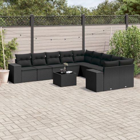11 részes fekete polyrattan kerti ülőgarnitúra párnákkal