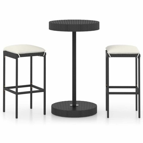 3 részes fekete polyrattan kültéri bárszett párnákkal