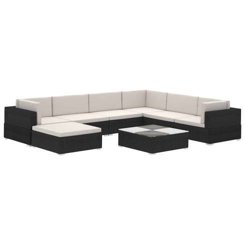 8-részes fekete polyrattan kerti bútorszett párnákkal