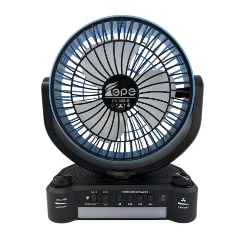 Erőteljes hordozható ventilátor napelemes és elektromos töltéssel, 8-INCH, beépített rádióval, Bluetooth hangszóróval és LED világítással (FP-355-S)