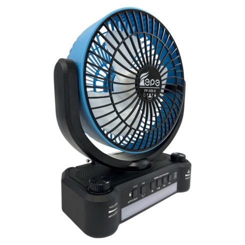 Erőteljes hordozható ventilátor napelemes és elektromos töltéssel, 8-INCH, beépített rádióval, Bluetooth hangszóróval és LED világítással (FP-355-S)