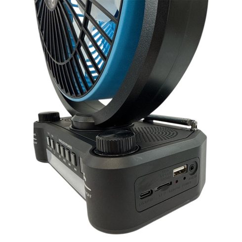 Erőteljes hordozható ventilátor napelemes és elektromos töltéssel, 8-INCH, beépített rádióval, Bluetooth hangszóróval és LED világítással (FP-355-S)