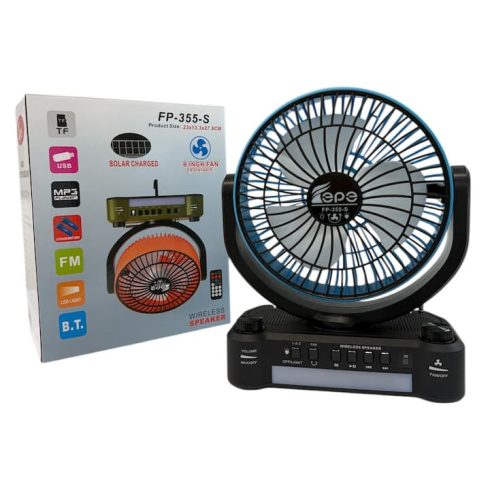 Erőteljes hordozható ventilátor napelemes és elektromos töltéssel, 8-INCH, beépített rádióval, Bluetooth hangszóróval és LED világítással (FP-355-S)