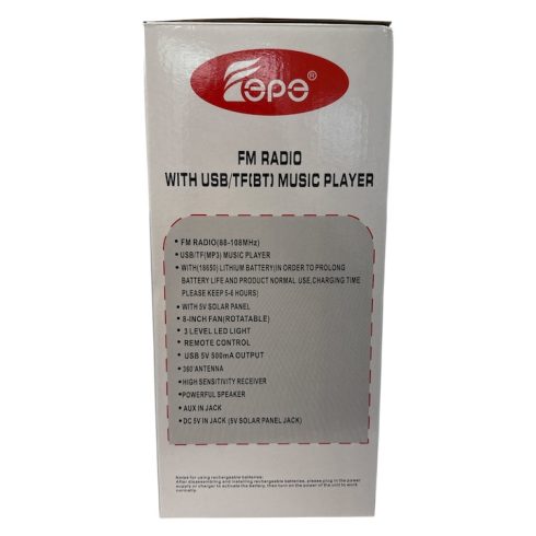 Erőteljes hordozható ventilátor napelemes és elektromos töltéssel, 8-INCH, beépített rádióval, Bluetooth hangszóróval és LED világítással (FP-355-S)