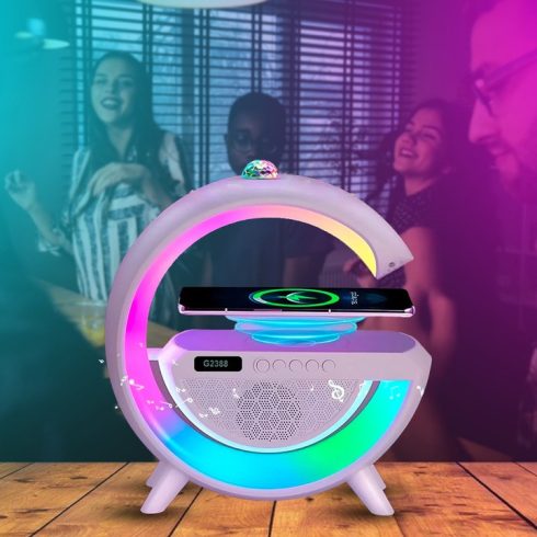 Új G. Bluetooth Hangszóró RGB LED Projektorral és QI vezeték nélküli indukciós töltővel Wireless Töltős Óra Telefon Töltő G2388A