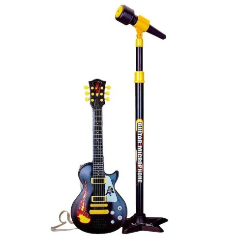Elektromos gitár és mikrofon Kareoke Szett Játék készlet, 3+ éves korú gyermekeknek, 22 billentyűvel és 6 fémhúrral
