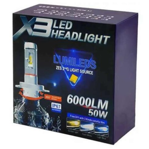 Autós LED fényszóró párban, X3 led, 12-24V, 2db H4 vagy H7 Foglalat Választható