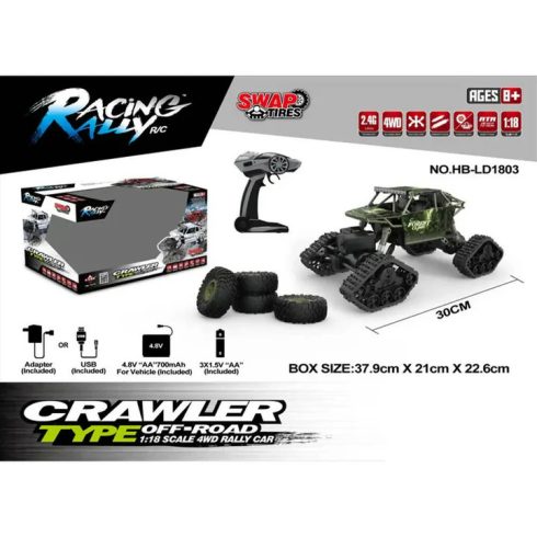 ÚJ HB 2 az 1 ben Rock Crawler 4WD RTR 1:18, 2.4g  Hójáró Lánctalpas Off-Road Távirányítású Sziklamászó Terepjáró autó Cserélhető Gumikkal