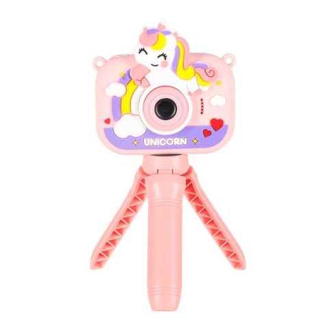 Gyermek digitális fényképezőgép állványon egyszarvú rózsaszínű