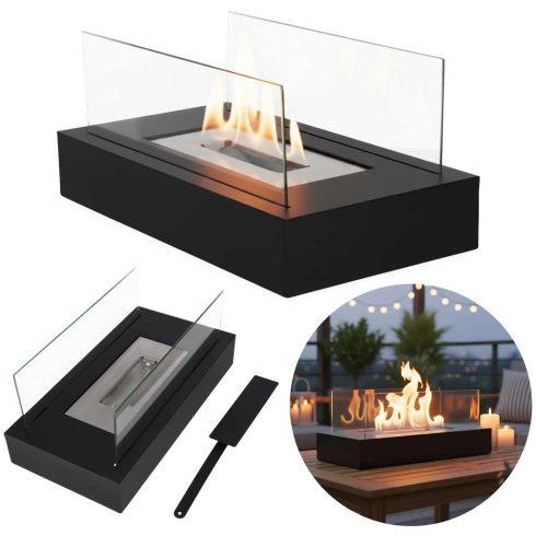 Szabadon álló, asztali bio-tüzelőanyaggal működő tűzhely, füstmentes, téglalap alakú