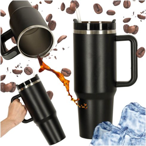 Termikus bögre szívószállal és fogantyúval termosz 1200ml fekete