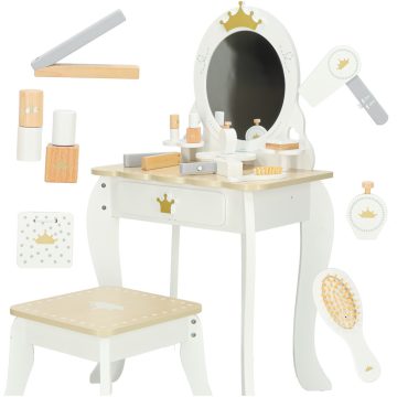   Gyermek fából készült öltözőasztal kiegészítőkkel, fehér színben