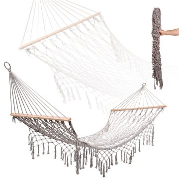 Kerti függőágy boho hálós rojtos 200cm szürke