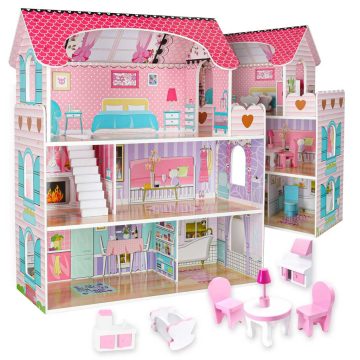 MDF fából készült babaház + bútor 70cm rózsaszín LED