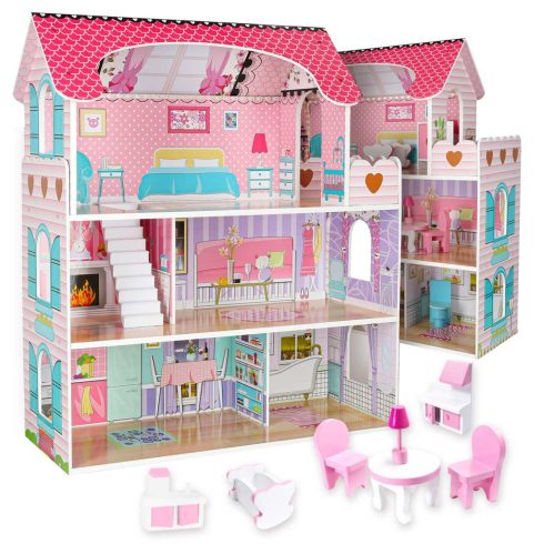 MDF fából készült babaház + bútor 70cm rózsaszín LED