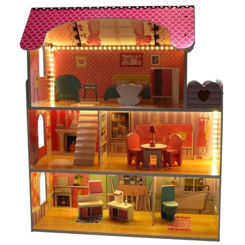 MDF fából készült babaház + bútor 70cm rózsaszín LED