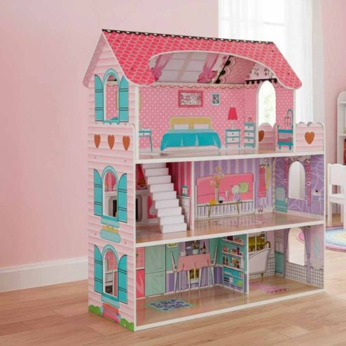 MDF fából készült babaház + bútor 70cm rózsaszín LED