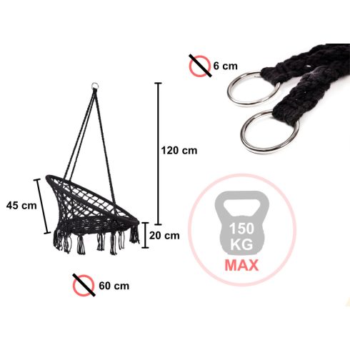 Gólyafészek karosszék hinta háttámlával fekete 80cm + párnák