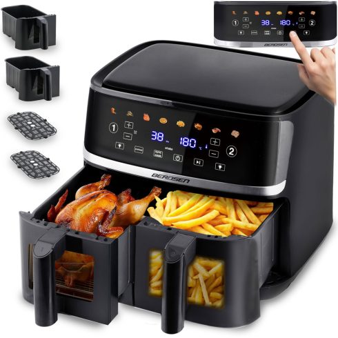 Nagy, 10,2 literes zsírmentes sütő Légsütő XL kettős kamrás Berdsen 1700 W BD-657 fekete