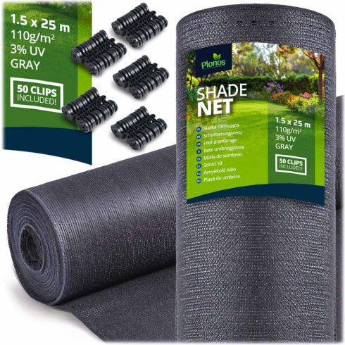 Árnyékoló háló 1,5 x 25 m, 110 g/m², + 50 kapcsok, szürke