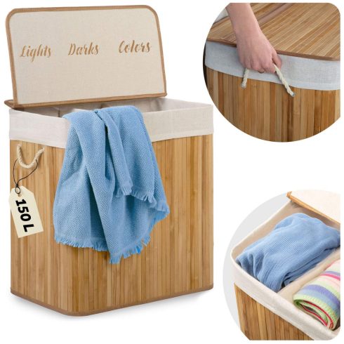 Bambusz mosókosár fedéllel, 150 l, Massido