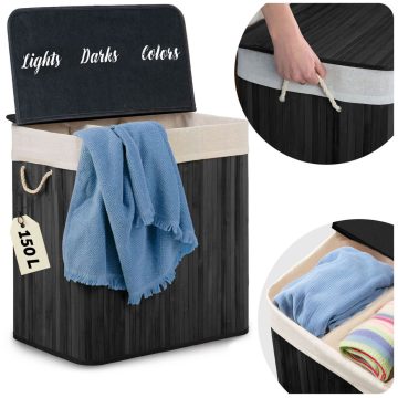 Bambusz mosókosár fedéllel, 150 l, Massido