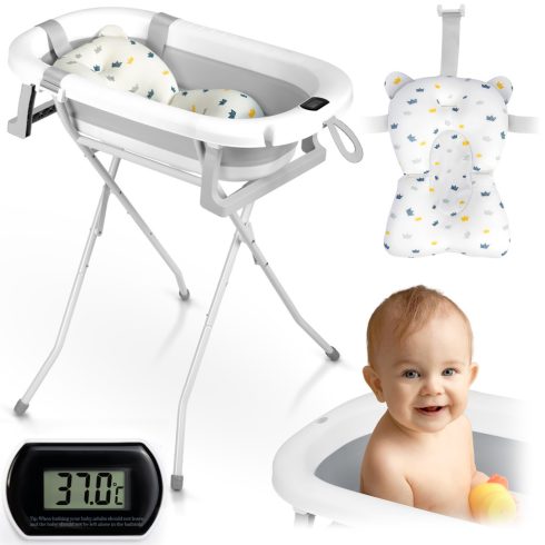 Összecsukható babafürdő állvánnyal, hőmérővel és Ricokids RK-287 fehér és szürke betéttel