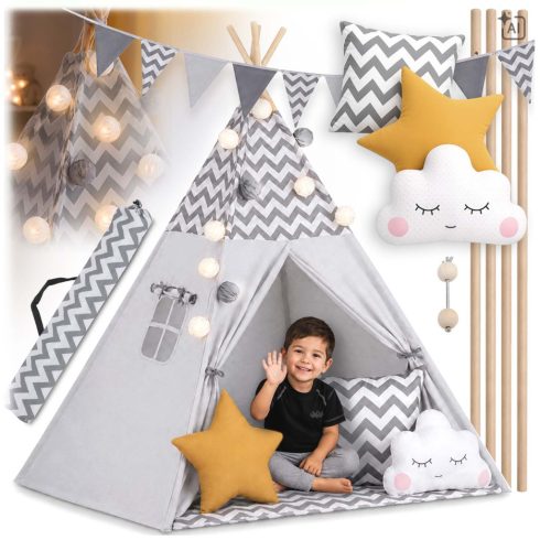 Nukido teepee sátor gyerekeknek világítással – szürke
