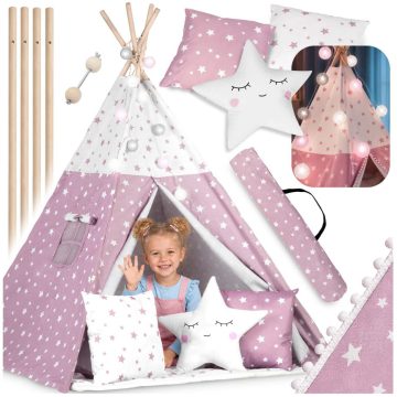   Nukido teepee sátor gyerekeknek, világítással – rózsaszín, csillagokkal