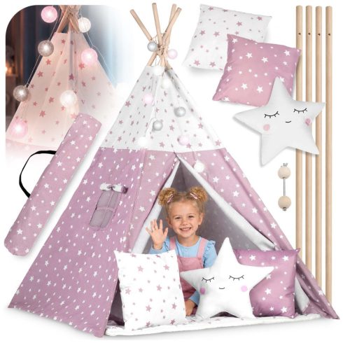 Nukido teepee sátor gyerekeknek, világítással – rózsaszín, csillagokkal