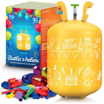   0,20 m3-es hélium palack léggömbökkel és Ricokids szalaggal