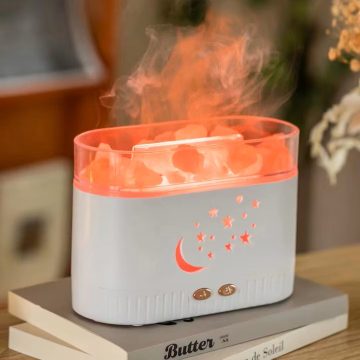   Új Design Párologtató Aroma Diffúzor Sókő kristály és Láng LED fénnyel 250ml - KP-023 Fehér