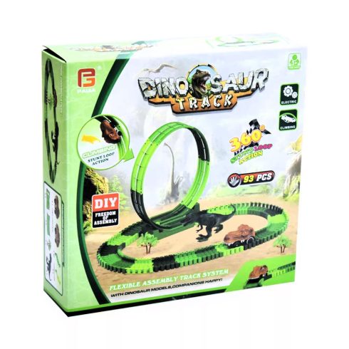 Dínó Autópálya Készlet Dupla 360°-S Átfordulóval És Dínós Kisautóval Dinoszaurusz Autópálya Szett