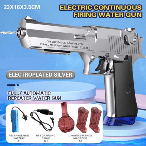 Desert Eagle teljesen automata elektromos vízipisztoly tárral vízi pisztoly felnőtteknek és Gyerekeknek 3.7V LÍtium Akku Nagy Dobtár Ezüst