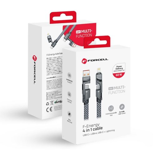 FORCELL F-ENERGY C241 4 az 1-ben kábel C típus / USB A - C típus / Lightning QC PD 3A 60W 1 m króm
