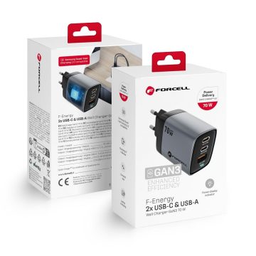   FORCELL F-ENERGY GaN III VT-37 utazási töltő LCD kijelzővel 2 x Type C + USB A PD QC4.0 SAM SFC2.0 3,45A 70W szürke