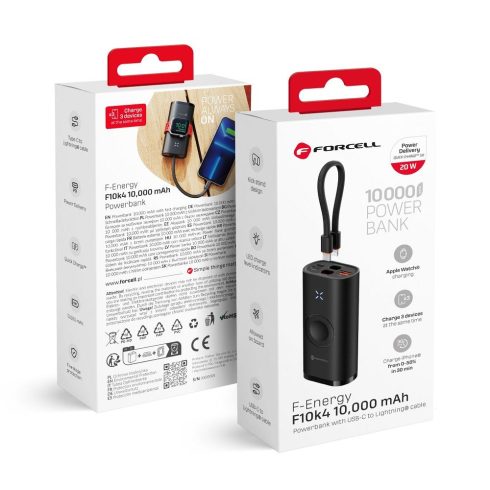 Powerbank Forcell F-Energy F10K4 PD QC3.0 3A 22,5W 10000 mAh kompatibilis Apple Watch fekete